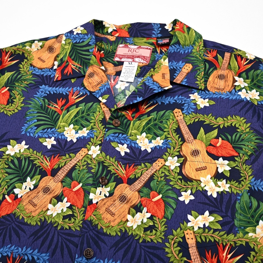 RJC Shirt Men's Ukulele Lei Coastal Beach Hawaiian Aloha‎ Party Floral XL Casual